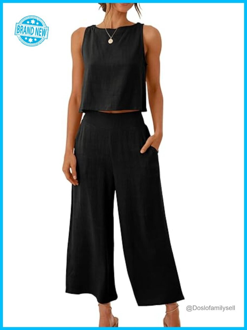 Linen Rayon Sleeveless Crop Top Wide Leg Capri Pants Jumpsuit Set